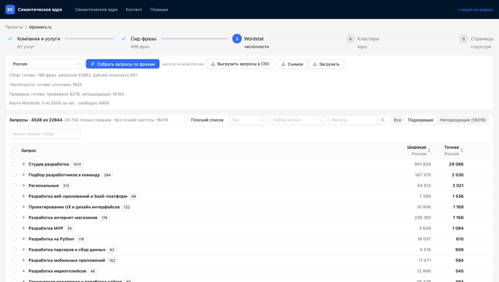The service at the Wordstat step: 4,528 relevant queries out of 22,844, grouped by direction, with broad and exact search volume